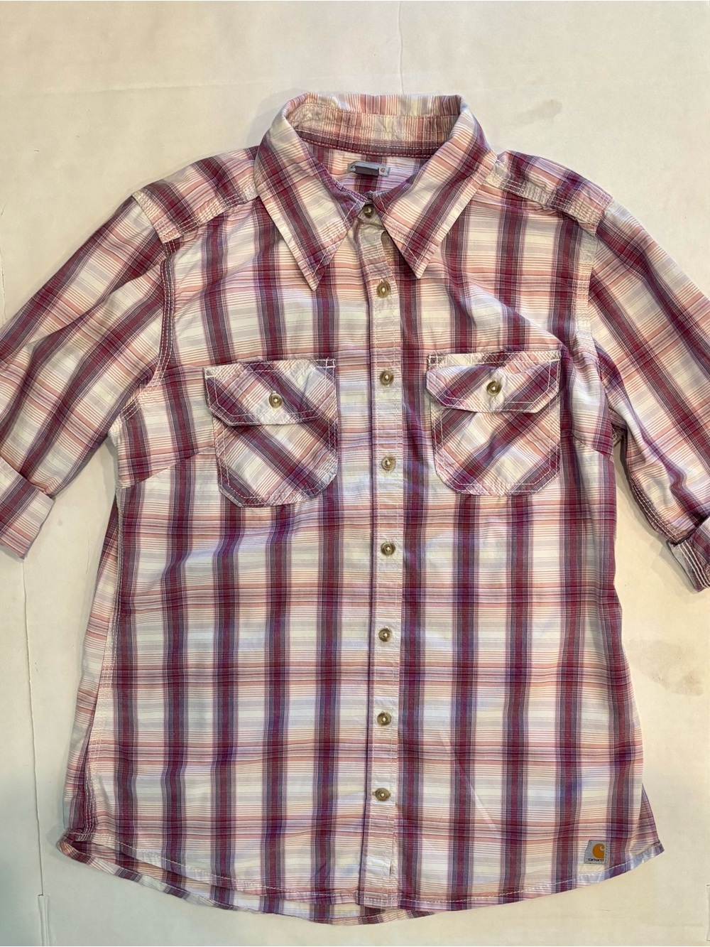 Carhartt Pink and White Plaid Short-Sleeve Button-Down Shirt for women